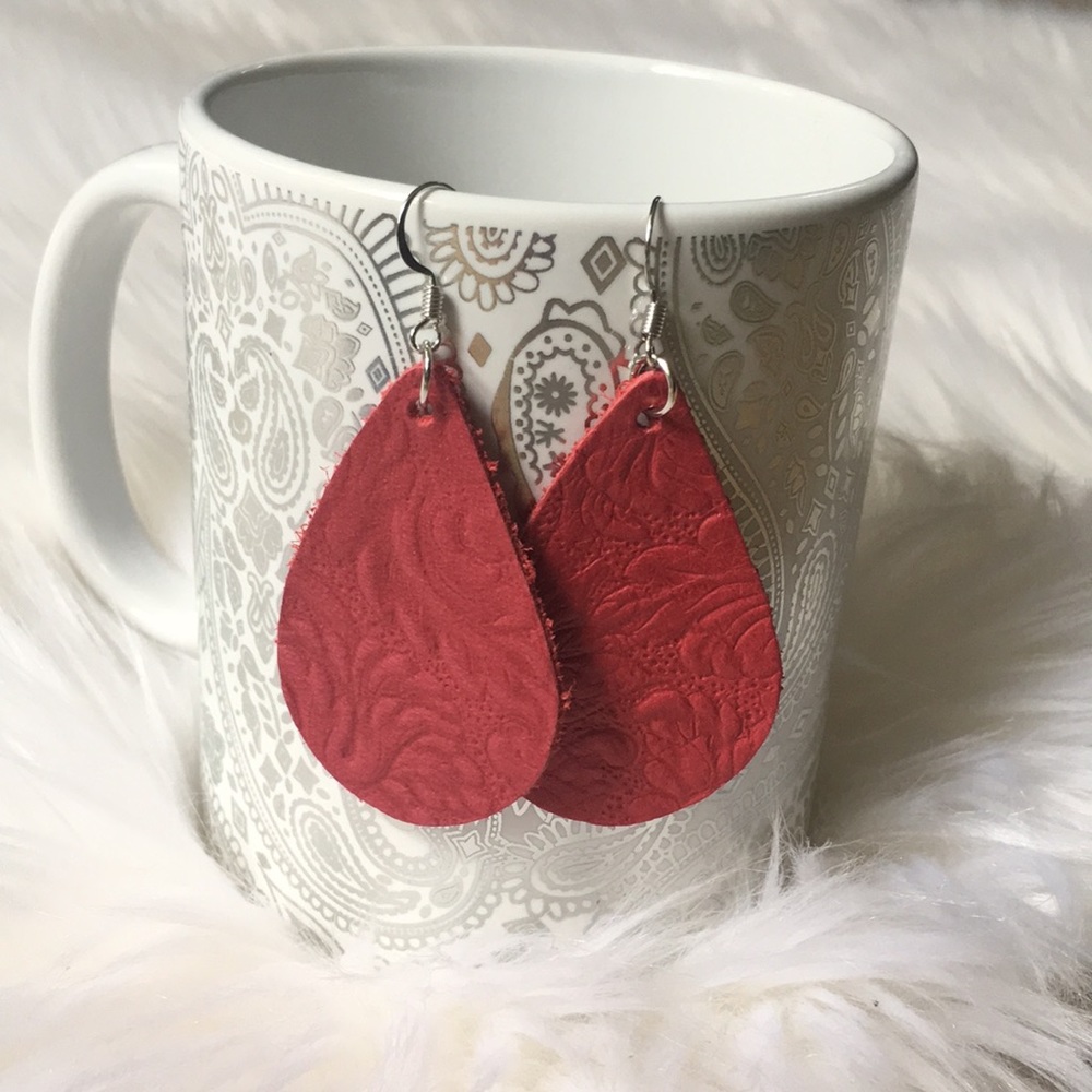 Boutique Red Stamped Leather Teardrop Earrings